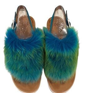 UGG Holly Furry Blue and Green Sandals ~ Size 10
